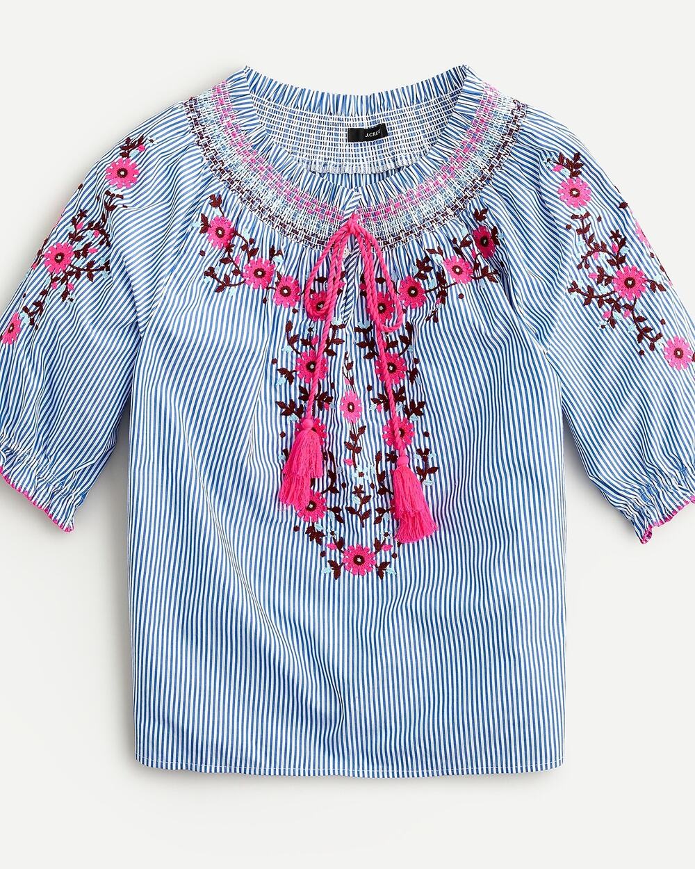 J. Crew Cotton Poplin Stripe Embroidered Smocked Blouse Top Blue White Womens S